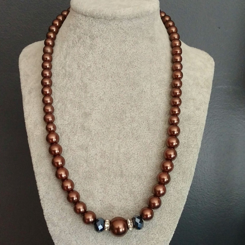 Bronze, blue-gray and cz beaded necklace